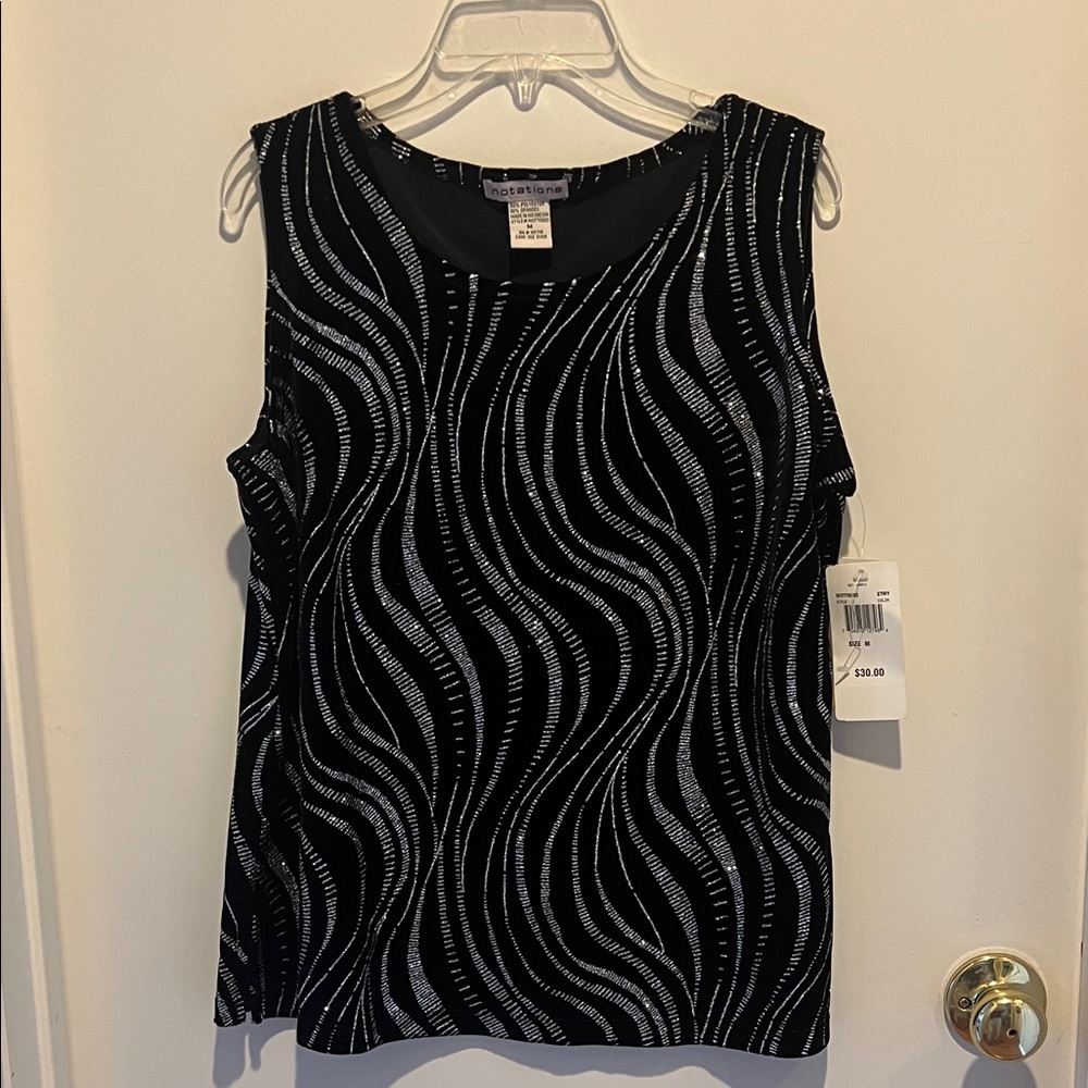 Vintage Notations Black Tank Top with Glittery Silver Waves.